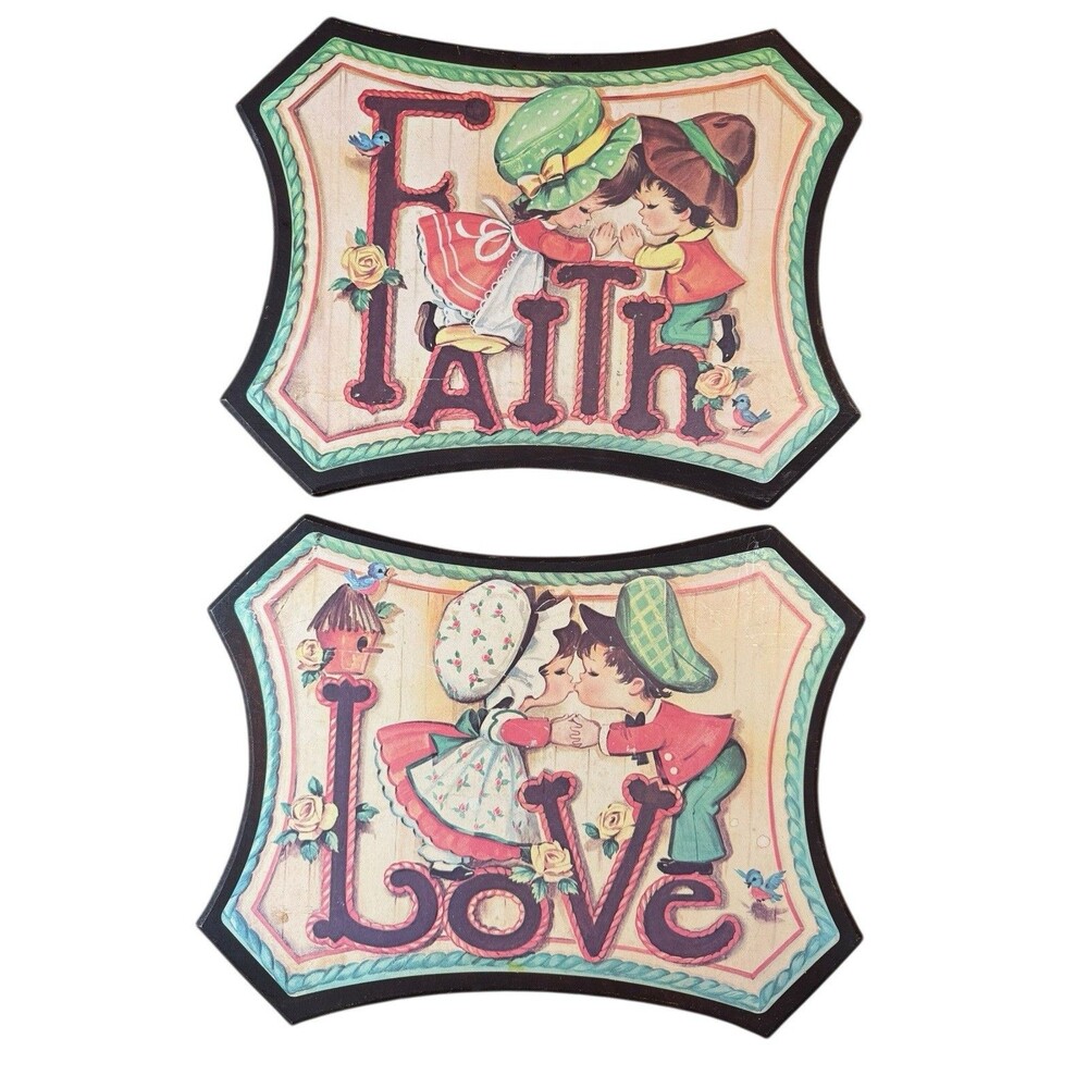 Vintage Wood Wall Plaques, “Love” & “Faith”, 1970’s Retro Cottage Core